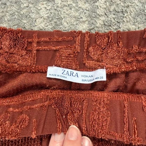 ZARA Women’s Rust Textured Jacquard Wide-Leg Pants Boho Floral Lounge Trousers M - Picture 8 of 12